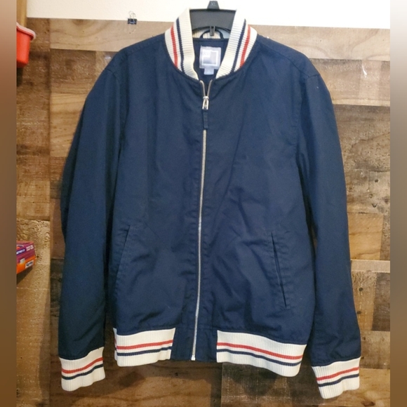 Vtg JC Penney Blue Bomber Jacket Lined Red White Blue Trim USA Vibes Mens S Lrge - Picture 1 of 13